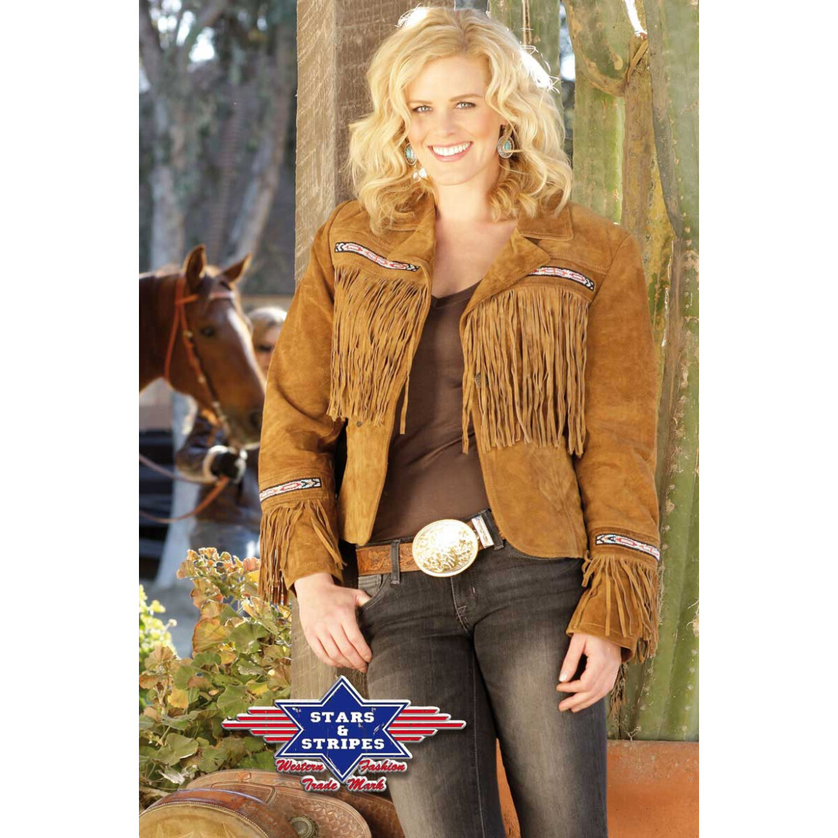 Damen Fransenjacke Kayla in hochwertigem Rind-Velourleder Stars&Stripes