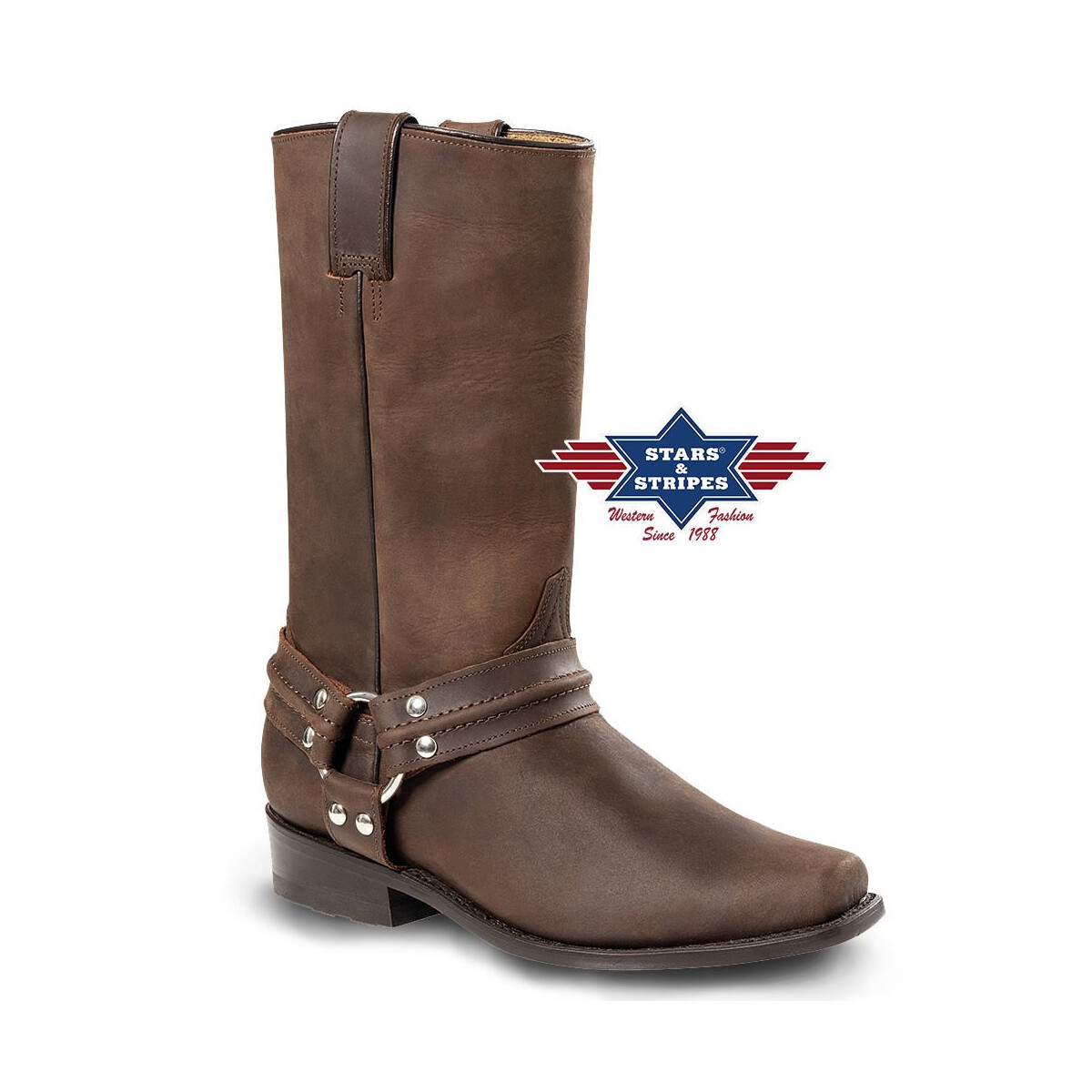 Herren Westernstiefel Biker Boots, braun, Rindsleder Stars&Stripes