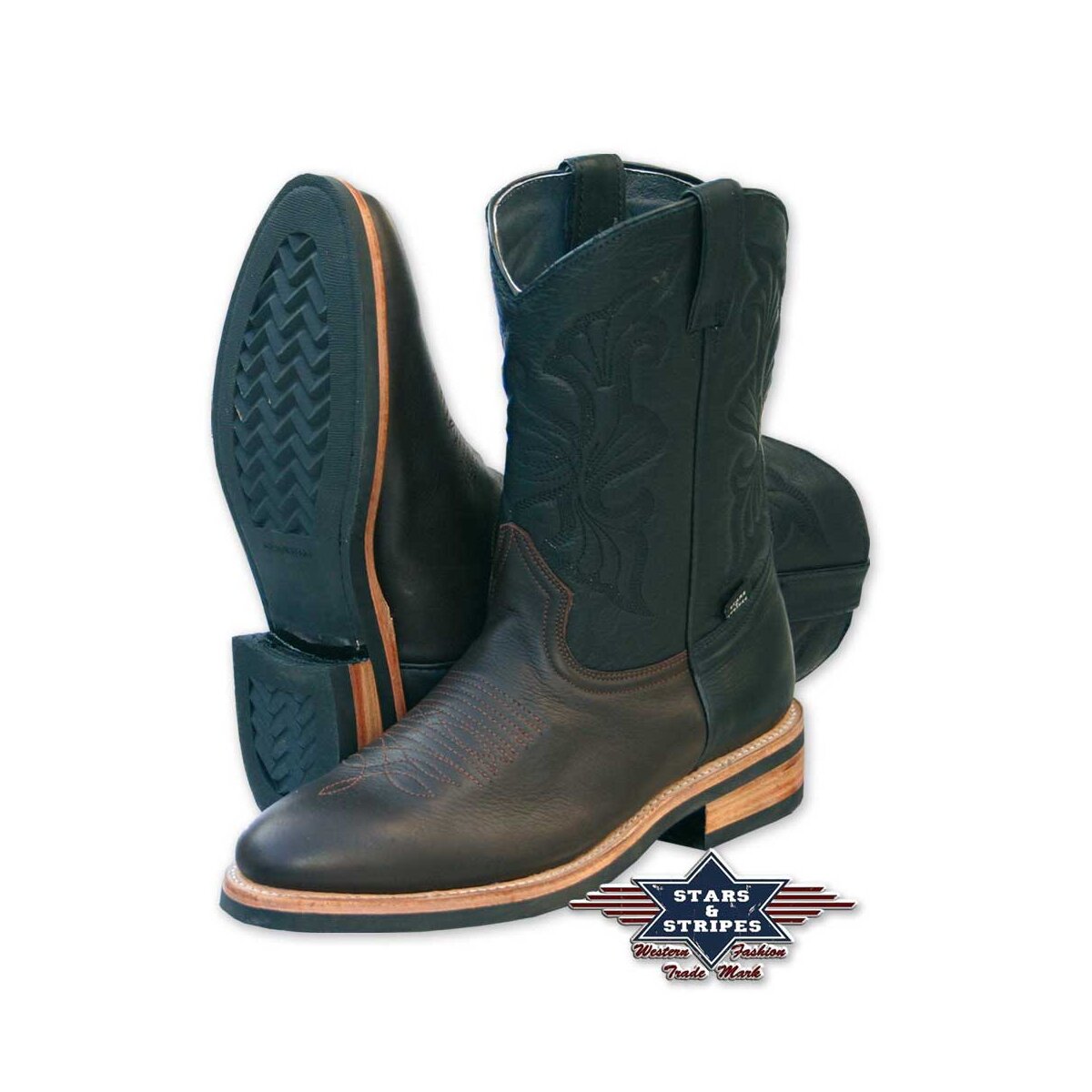 Westernstiefel, Cowboystiefel, schwarz Rindsleder Stars&Stripes 39