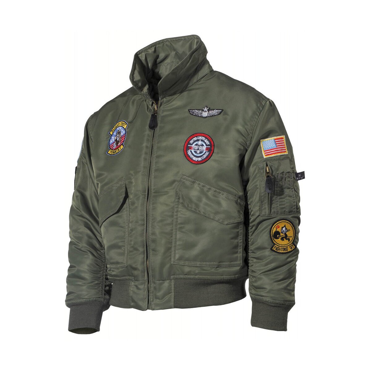 US Kinder-Pilotenjacke, Bomberjacke, CWU, mit Fliegerabzeichen, Jacke oliv-M