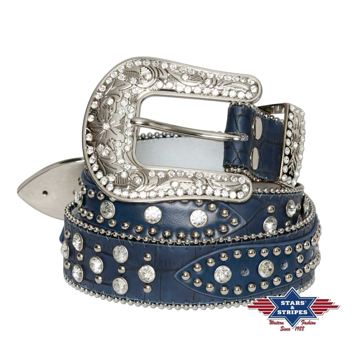 Blauer Damengürtel Rockabilly Westerngürtel Bling Bling + Strass
