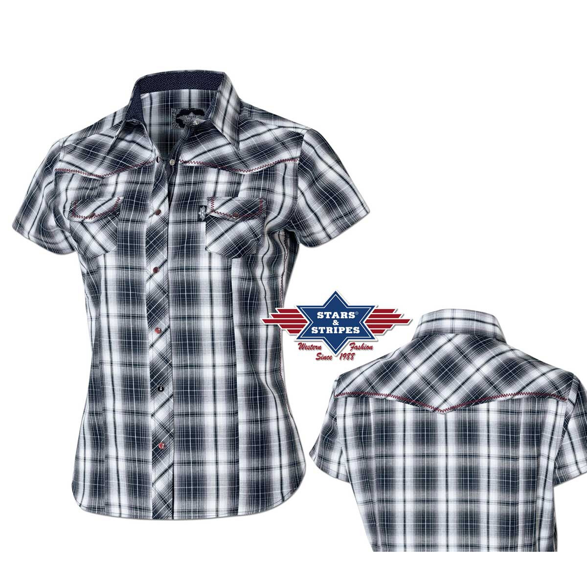 Kurze Damen Westernbluse Larissa' mit Ziehrnaht, kariert'