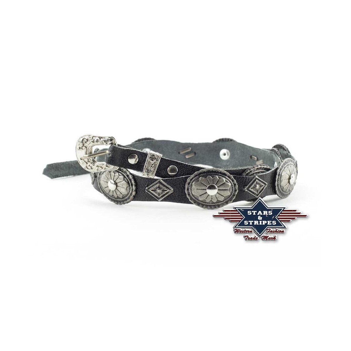 Leder Hutband, Western Hut Band mit Conchos und Nieten schwarz