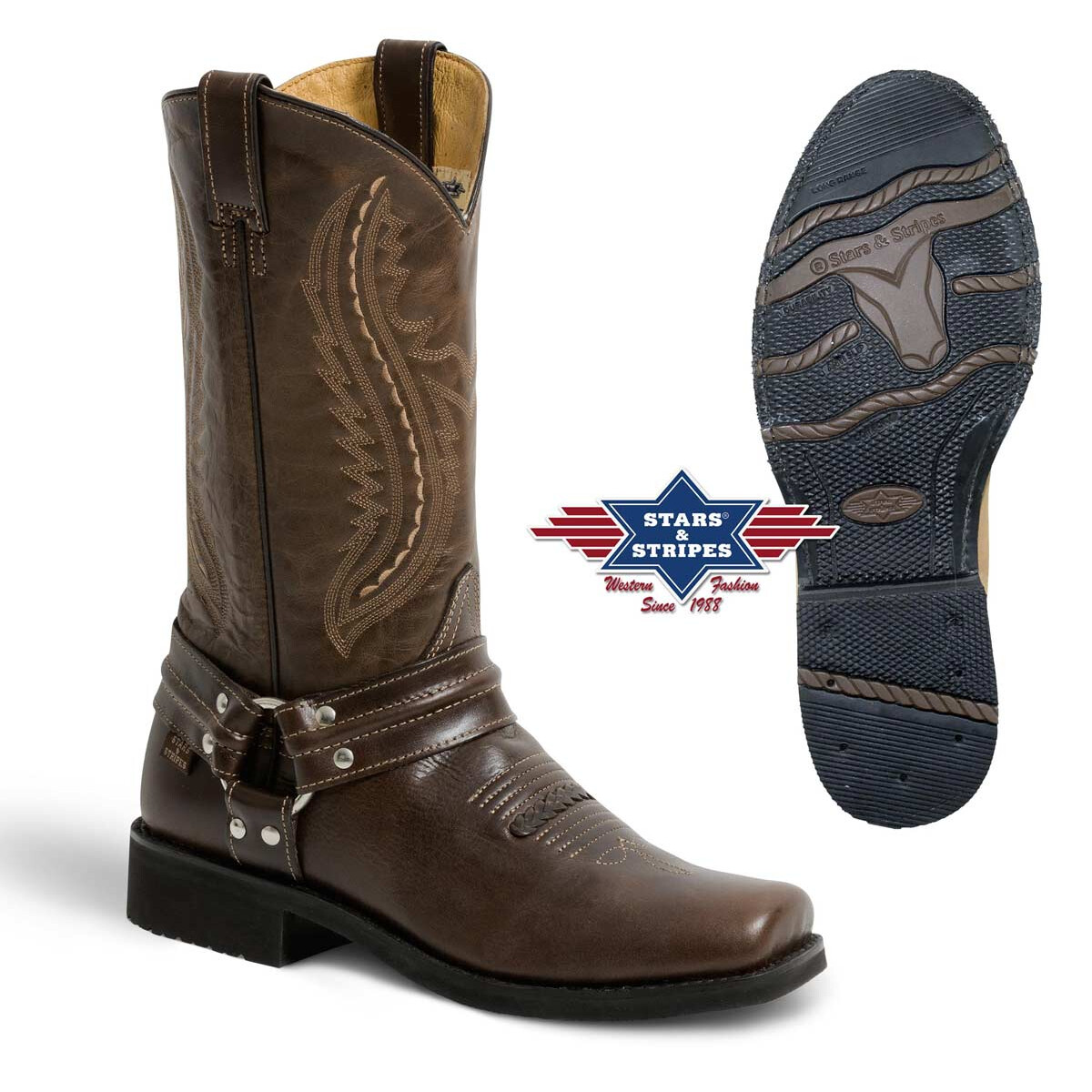 Herren Westernstiefel, Cowboysiefel braun 100% Rindsleder Stars&Stripes 42