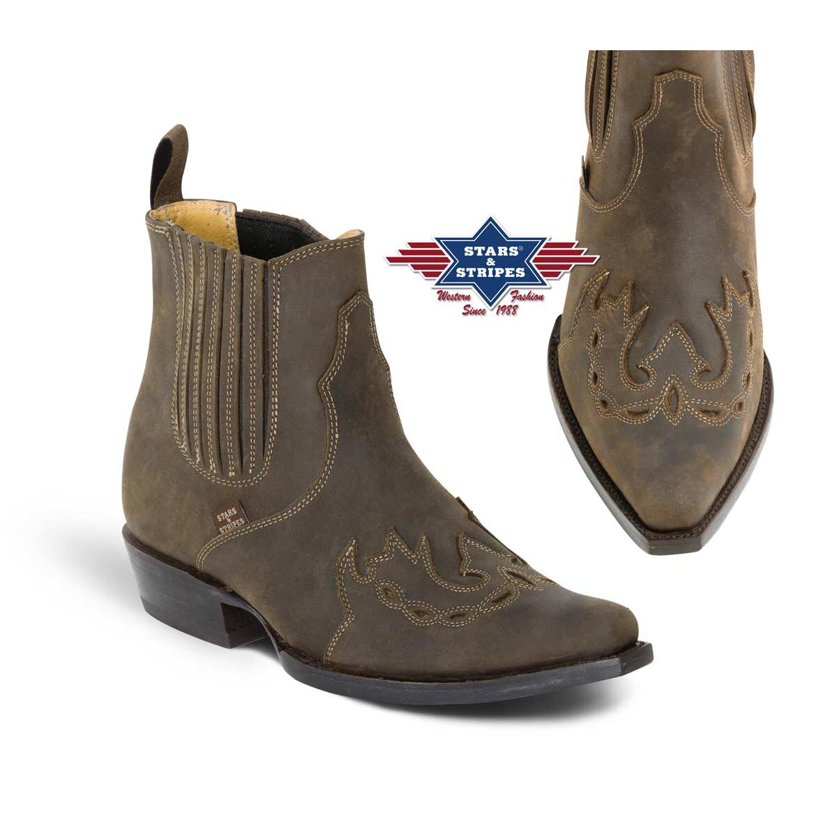 Herren Westernstiefel, Cowboysiefel halbhoch braun 100% Rindsleder Stars&Stripes 44