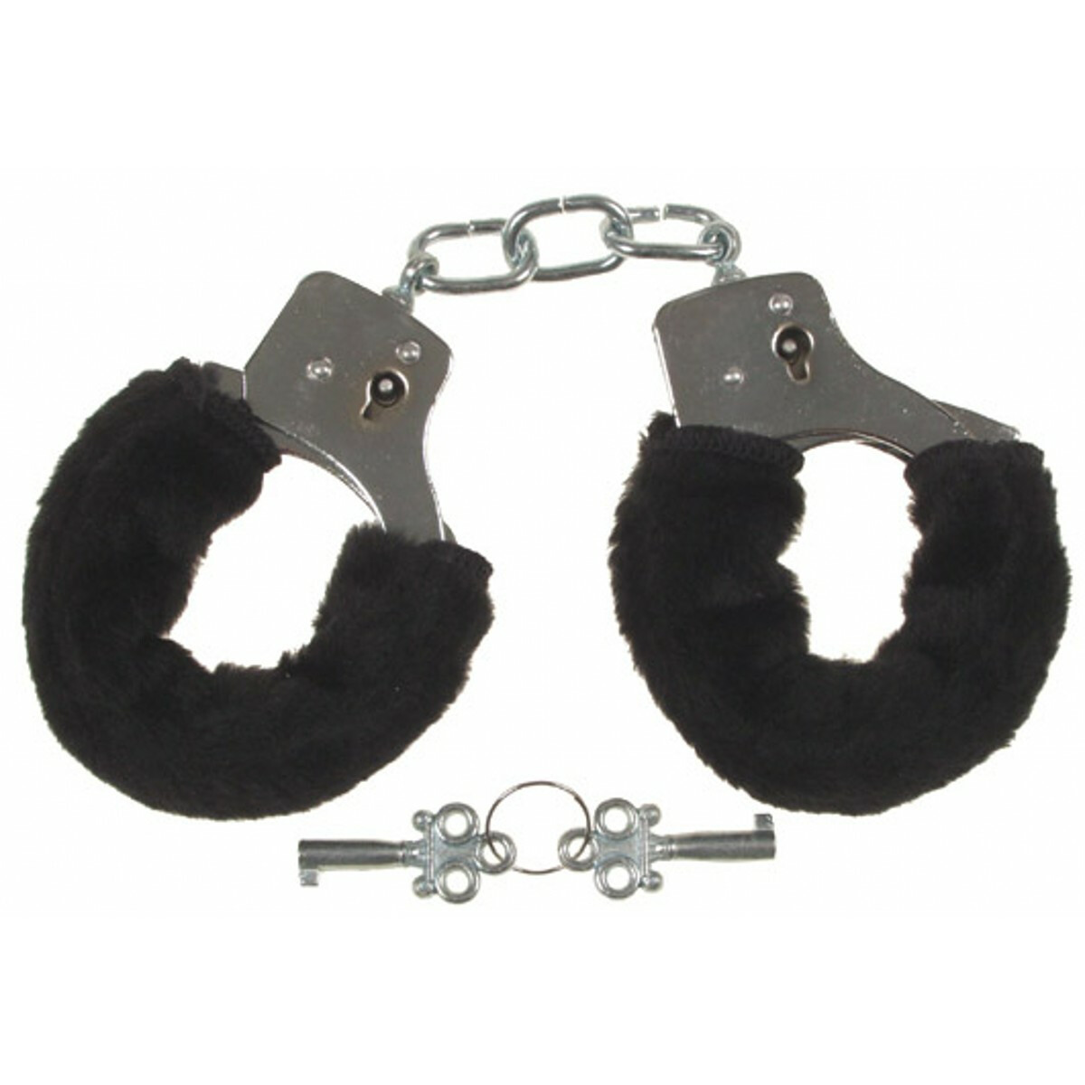  Handschellen, mit 2 Schlüssel, chrom mit Fellüberzug in schwarz