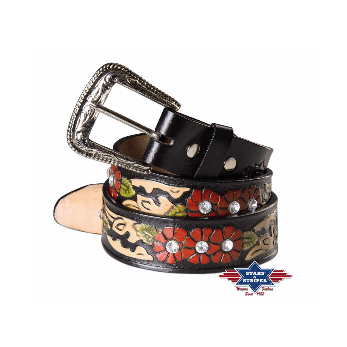 Damen Western Gürtel aus robusten Rindsleder mit Punzierung und Strasssteinen