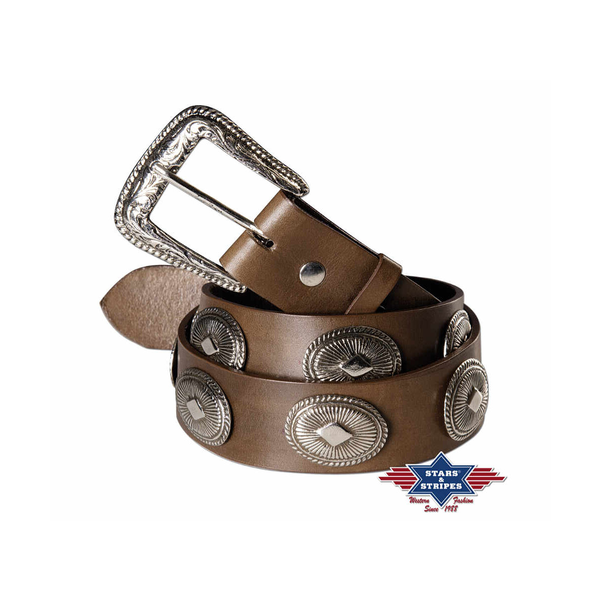 Brauner Western Gürtel aus Rindsleder mit Conchos