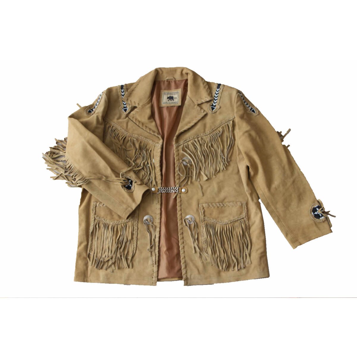 Damen/Herren Fransenjacke Wildlederjacke Westernstyle Farbe beige XL