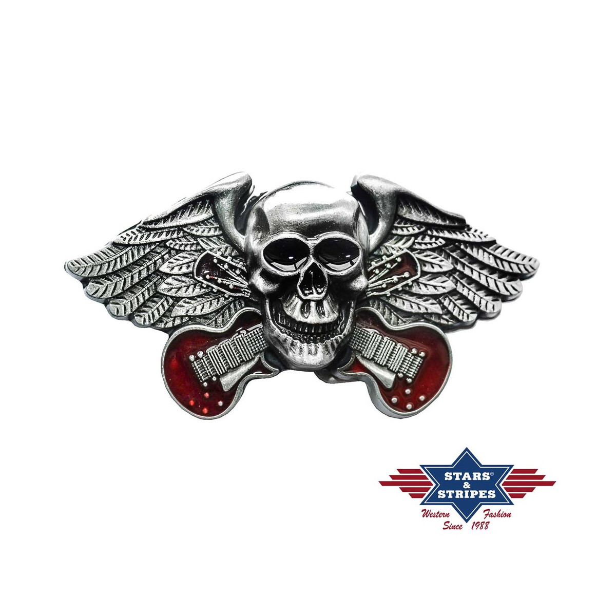 Gürtelschnalle, Buckle Motiv Skull, Flügel, Gitarre