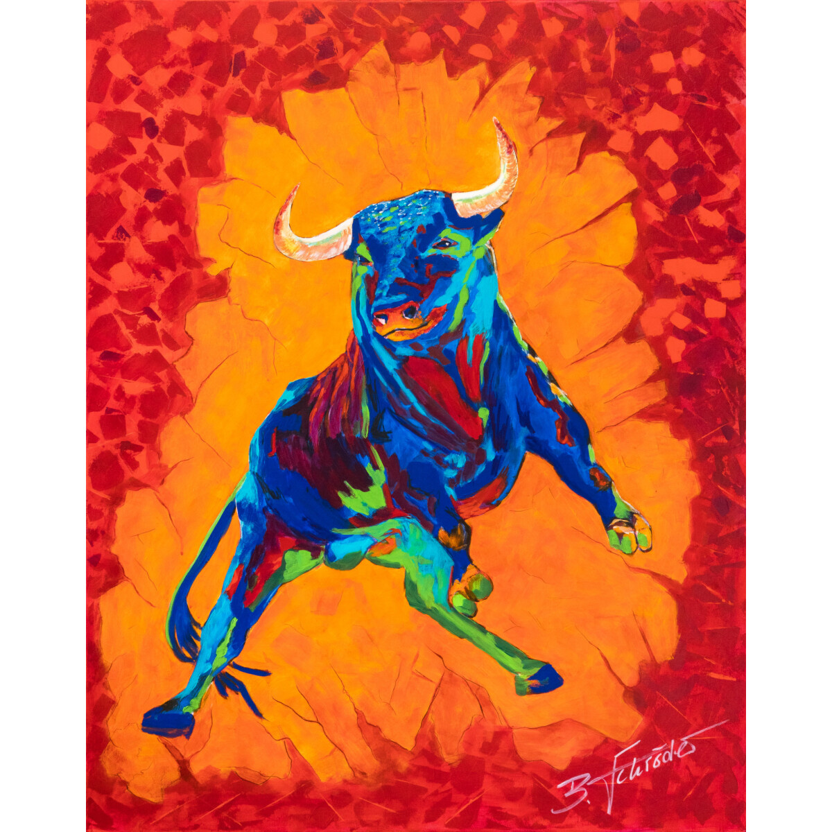 Dynamische Begegnung: Zeitgenössisches Acrylbild Stier in Pop-Art-Stil