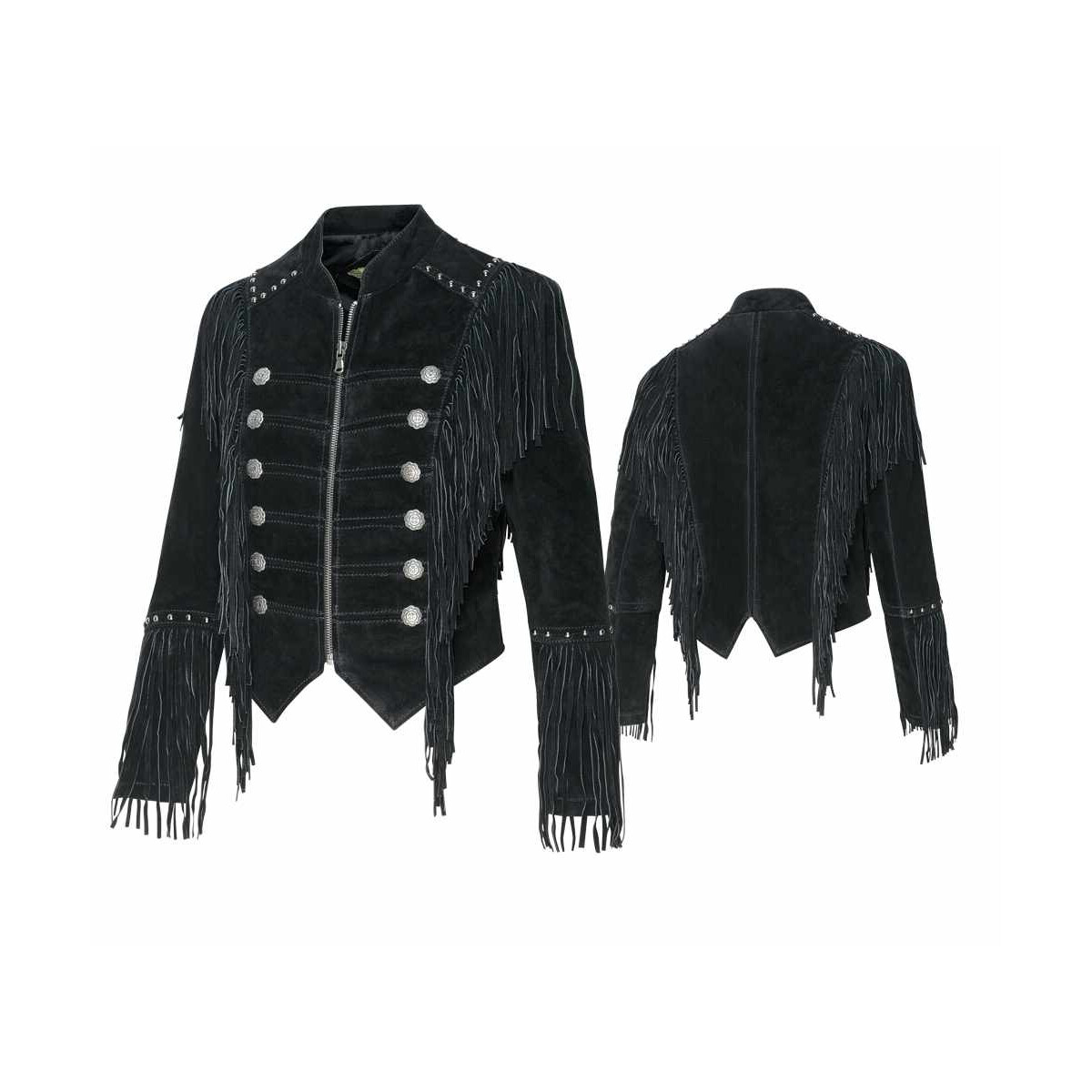 Schwarze Fransenjacke, Lederjacke Brianna im Military-Look