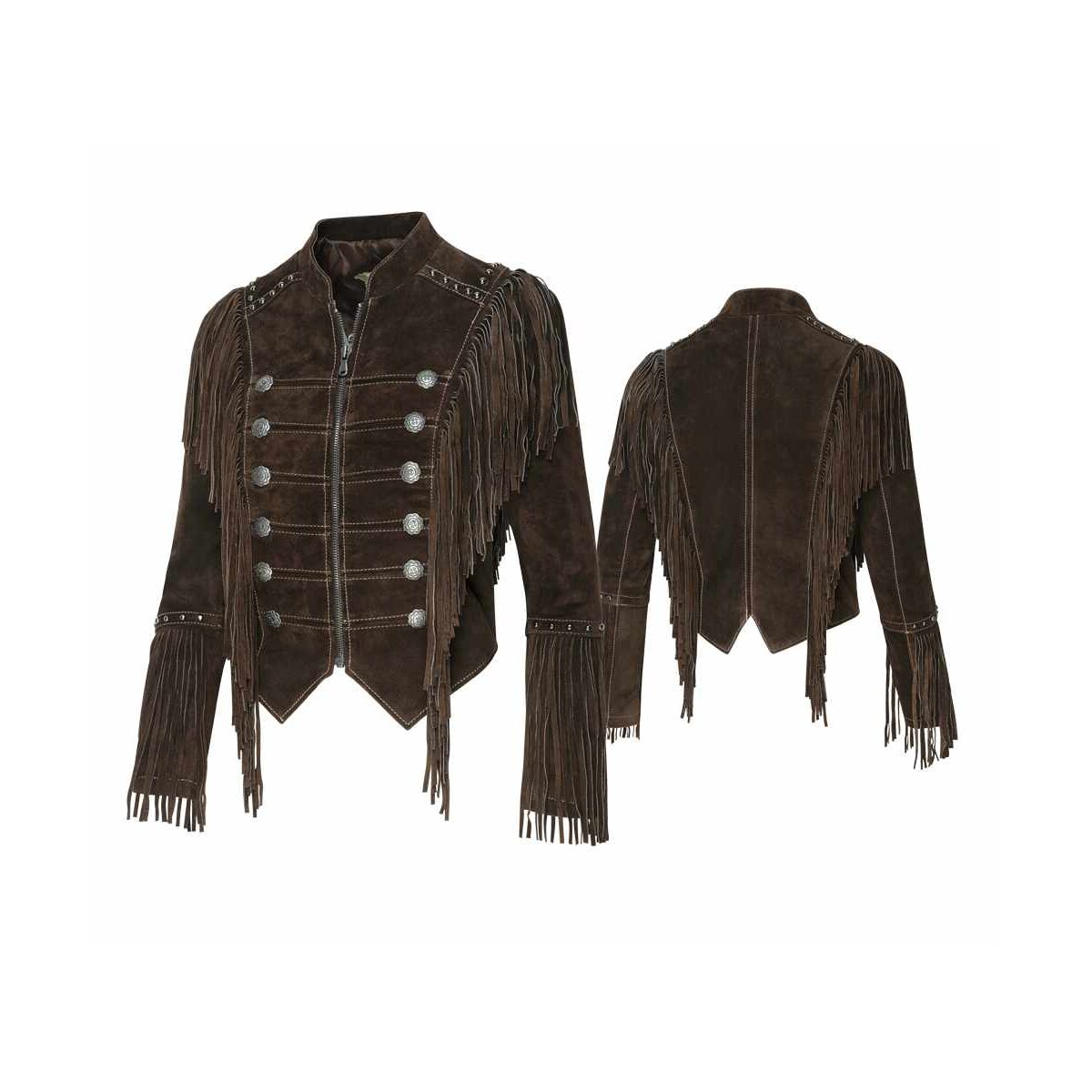 Braune Fransenjacke, Lederjacke Brianna im Military-Look XL