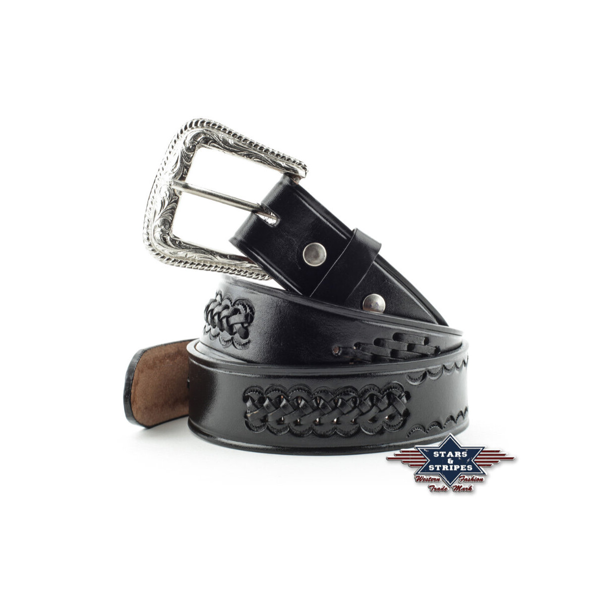 Damen/Herrengürtel Rindsledergürtel mit Flechtung, schwarz, WG-56