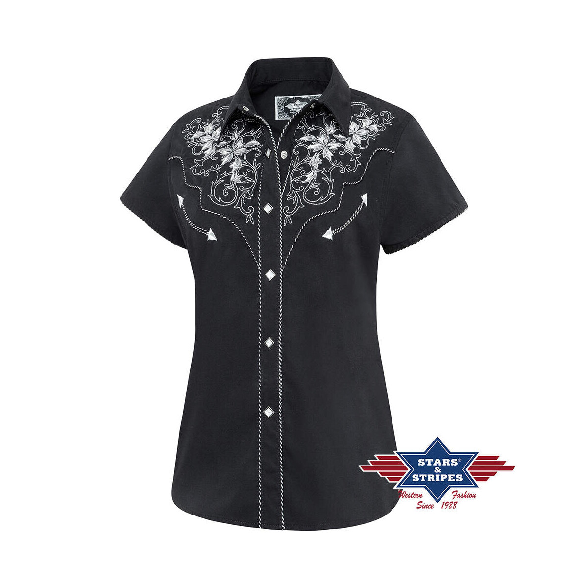 Damen Bluse Westernbluse Isabel mit Stickerei, schwarz