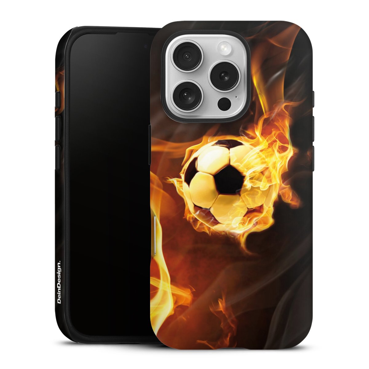 iPhone 16 Pro Handy Panzer Handyhülle robuste Outdoor Hülle Schutzhülle matt Ball Soccer Fire Tough Case