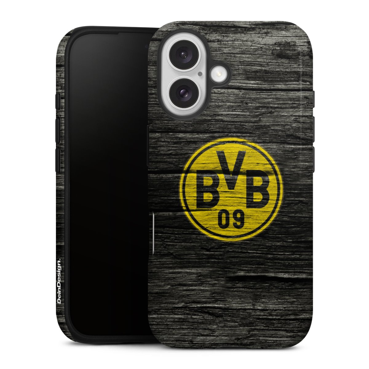 iPhone 16 Handy Panzer Handyhülle robuste Outdoor Hülle Schutzhülle glänzend Wooden Look Borussia Dortmund Bvb Tough Case
