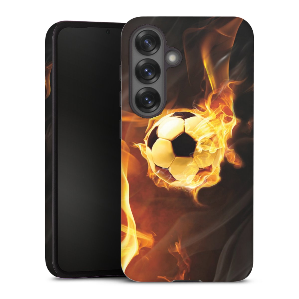 Galaxy S25 Handy Panzer Handyhülle robuste Outdoor Hülle Schutzhülle glänzend Ball Soccer Fire Tough Case
