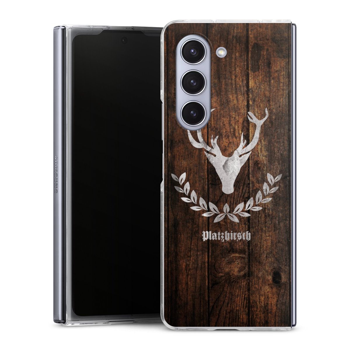 Galaxy Z Fold 5 Handy Hard Case Schutzhülle transparent Smartphone Handy Hülle Wood Wooden Look Deer Hard Case