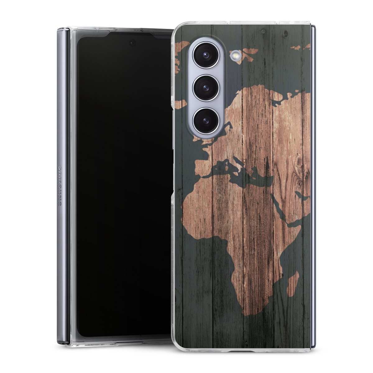 Galaxy Z Fold 5 Handy Hard Case Schutzhülle transparent Smartphone Handy Hülle World Map Map Wooden Look Hard Case