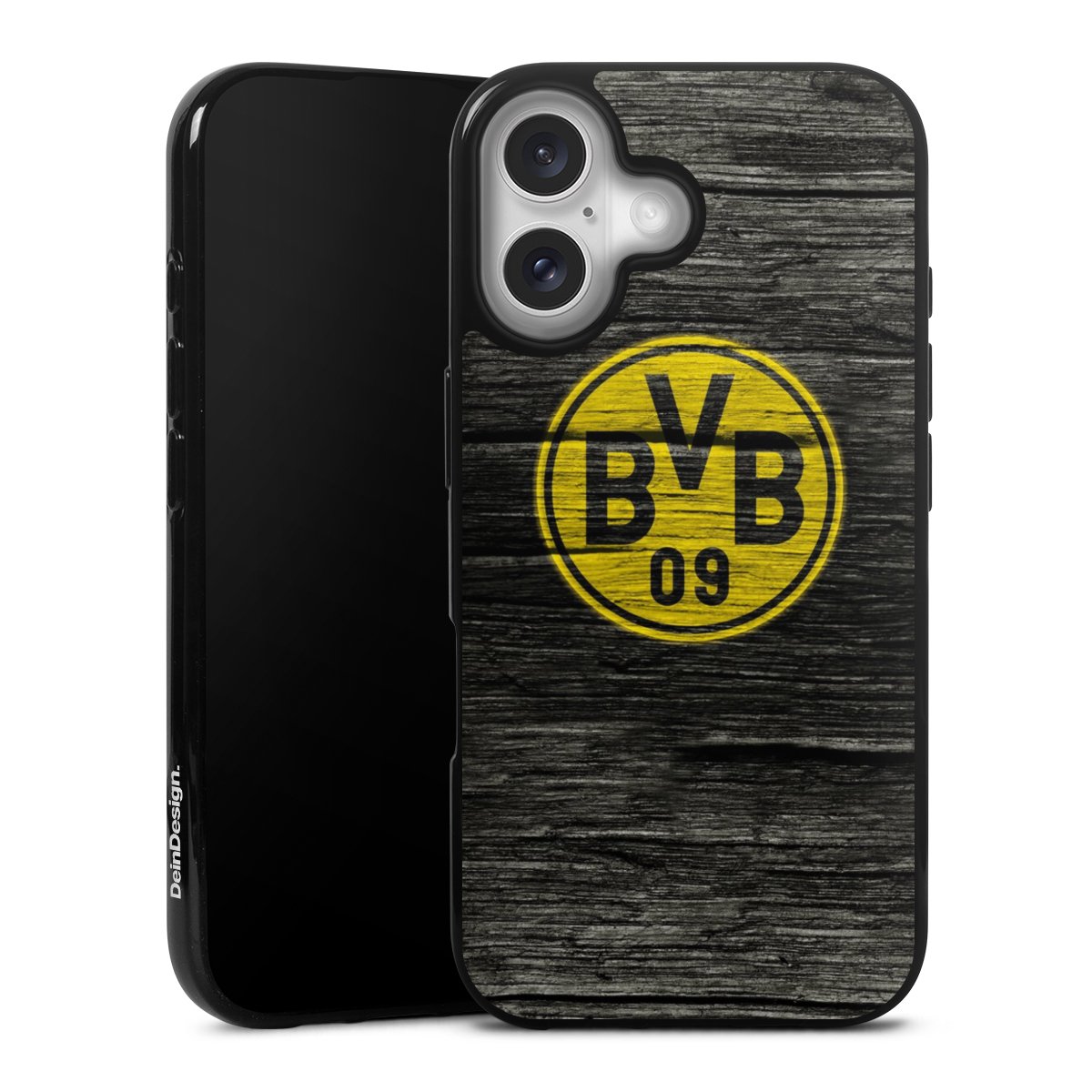 iPhone 16 Handy Silikon Hülle Case schwarz Handyhülle Wooden Look Borussia Dortmund Bvb