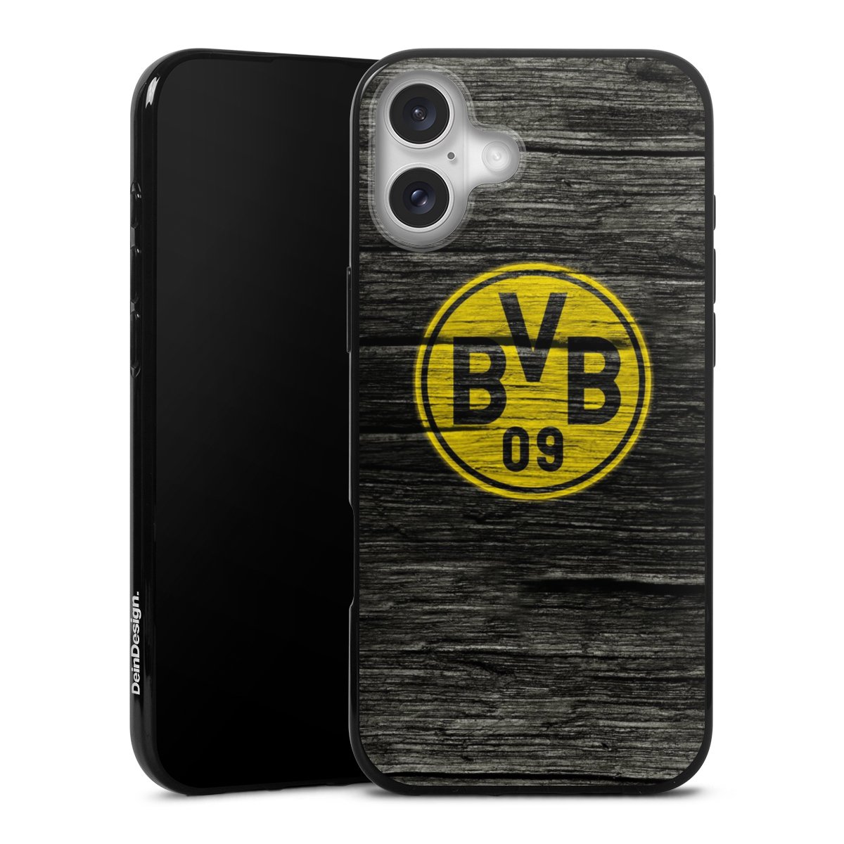 iPhone 16 Plus Handy Silikon Hülle Case schwarz Handyhülle Wooden Look Borussia Dortmund Bvb