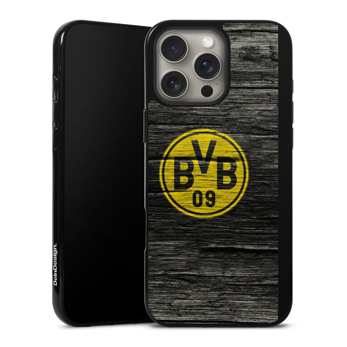 iPhone 16 Pro Max Handy Silikon Hülle Case schwarz Handyhülle Wooden Look Borussia Dortmund Bvb
