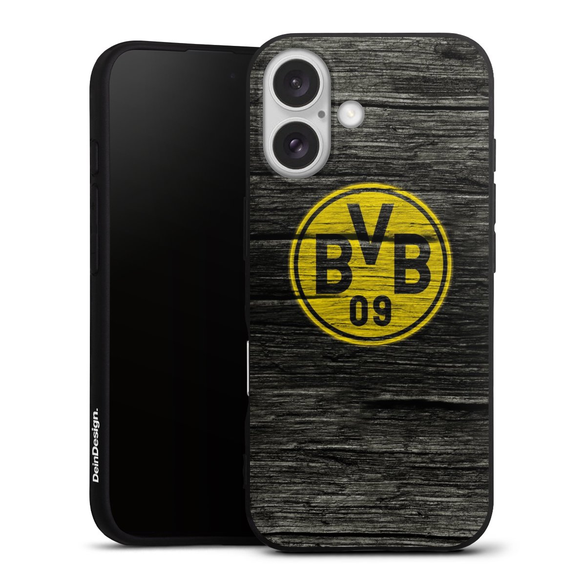 iPhone 16 Handy Premium Silikon Hülle Handyhülle schwarz Case Wooden Look Borussia Dortmund Bvb Silikon Premium Case