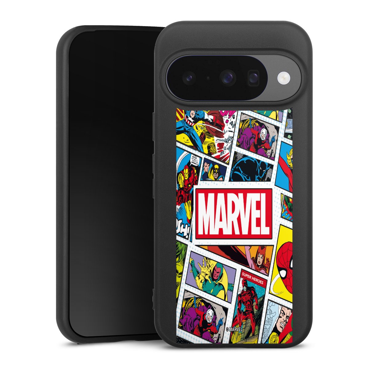 Google Pixel 10 Pro Handy Premium Silikon Hülle Handyhülle schwarz Case Marvel Comic Muster Silikon Premium Case