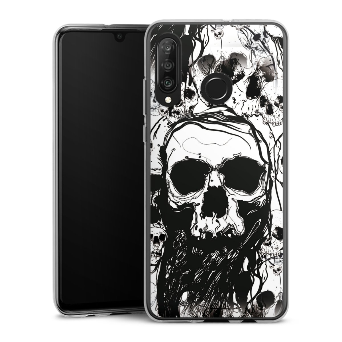 Huawei P30 Lite Handy Silikon Hülle Case transparent Handyhülle Skulls Halloween Totenkopf Silikon Case