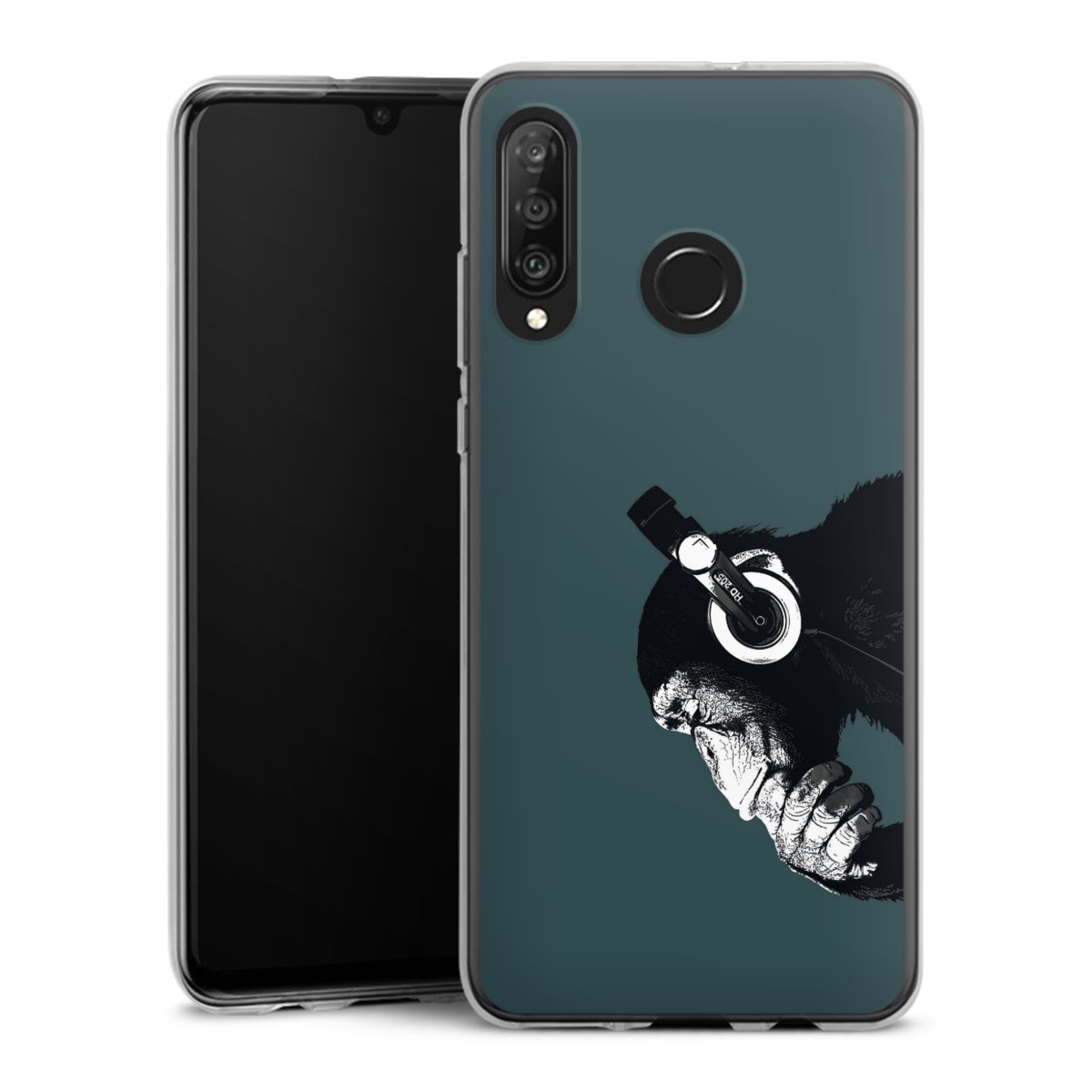 Huawei P30 Lite Handy Silikon Hülle Case transparent Handyhülle Music Monkey Headphones Silikon Case