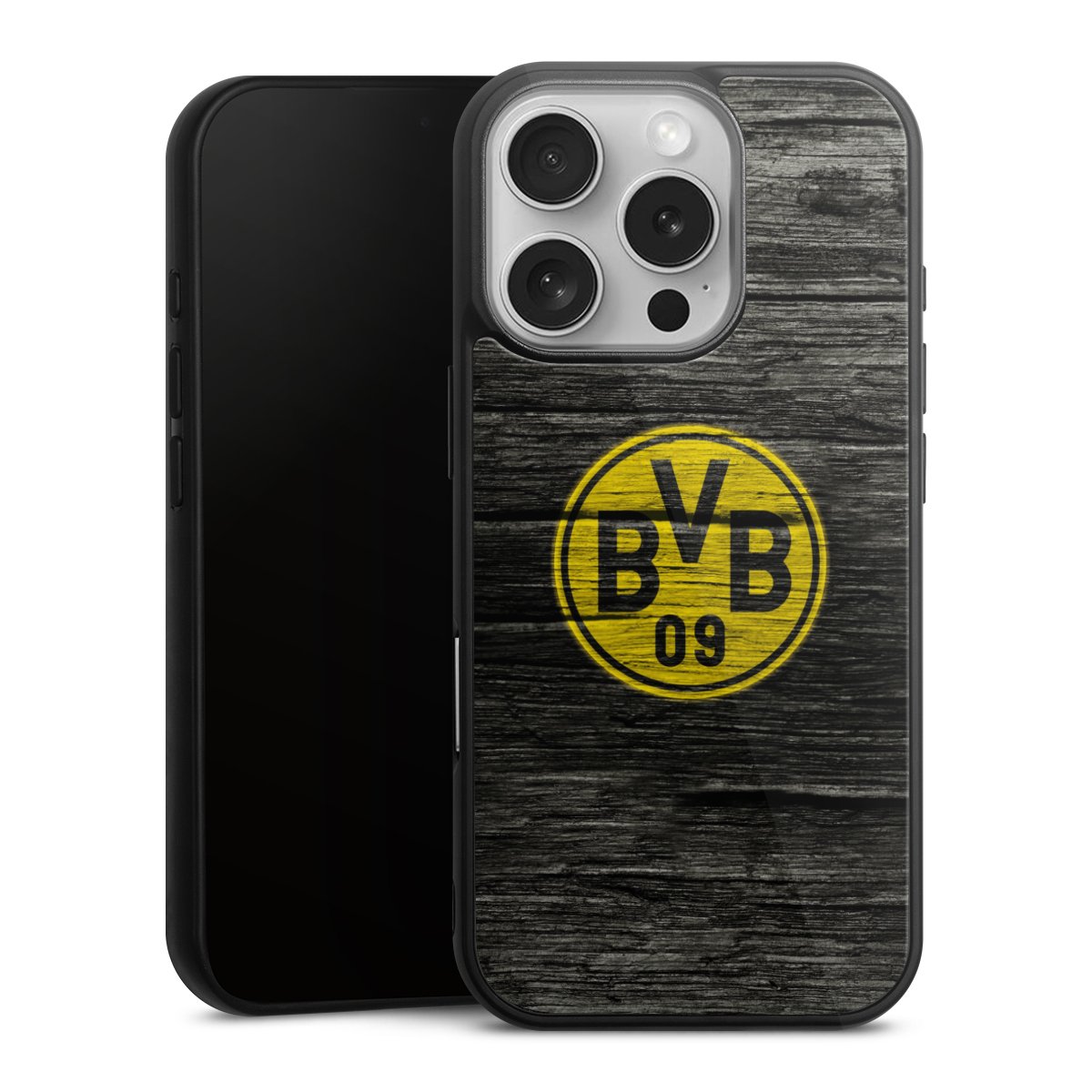 iPhone 16 Pro Handy Gallery Case Handyhülle 9H Gehärtetes Glas Rückseite Hülle Wooden Look Borussia Dortmund Bvb Gallery Case