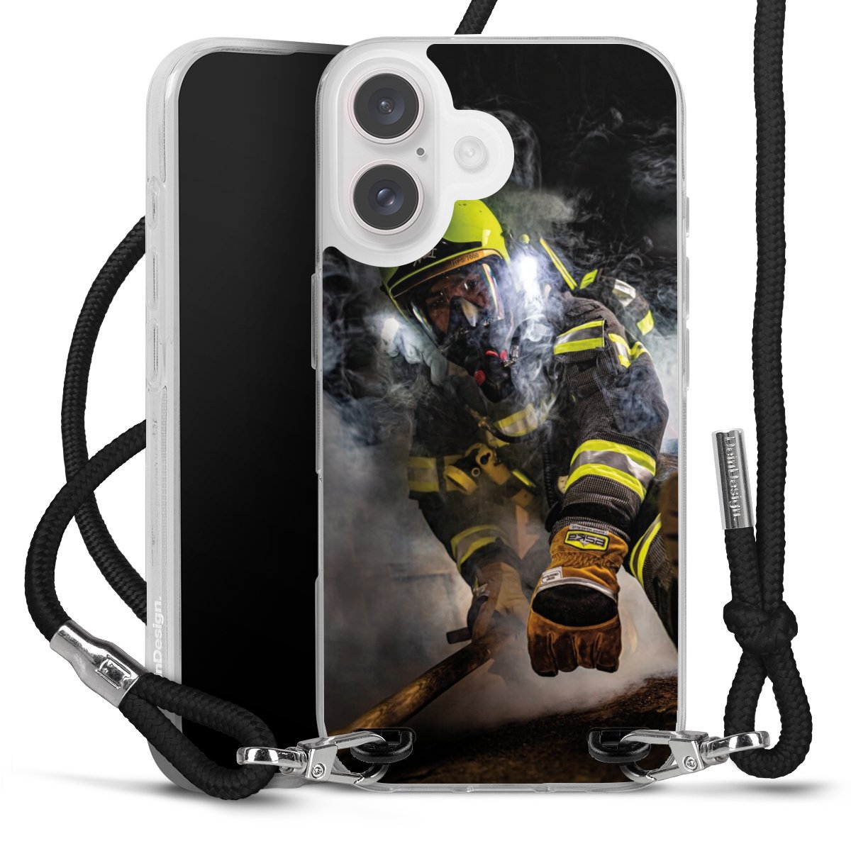 iPhone 16 Handy Carry Case Hülle mit Band Handykette zum Umhängen schwarz Fire Fire Fighter Fire Fighters Carry Case