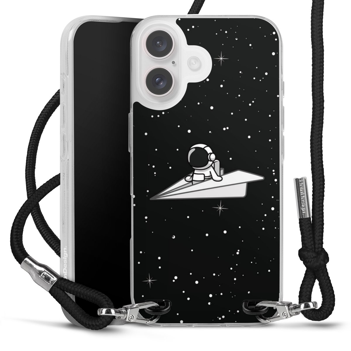 iPhone 16 Handy Carry Case Hülle mit Band Handykette zum Umhängen schwarz Astronaut Comic Paper Carry Case