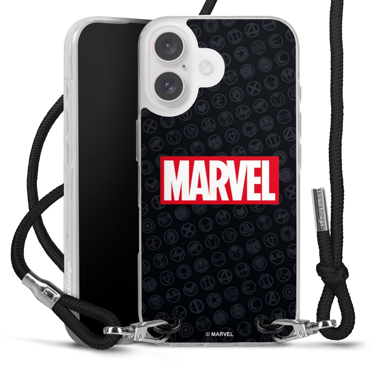 iPhone 16 Handy Carry Case Hülle mit Band Handykette zum Umhängen schwarz Comic Marvel Logo Carry Case