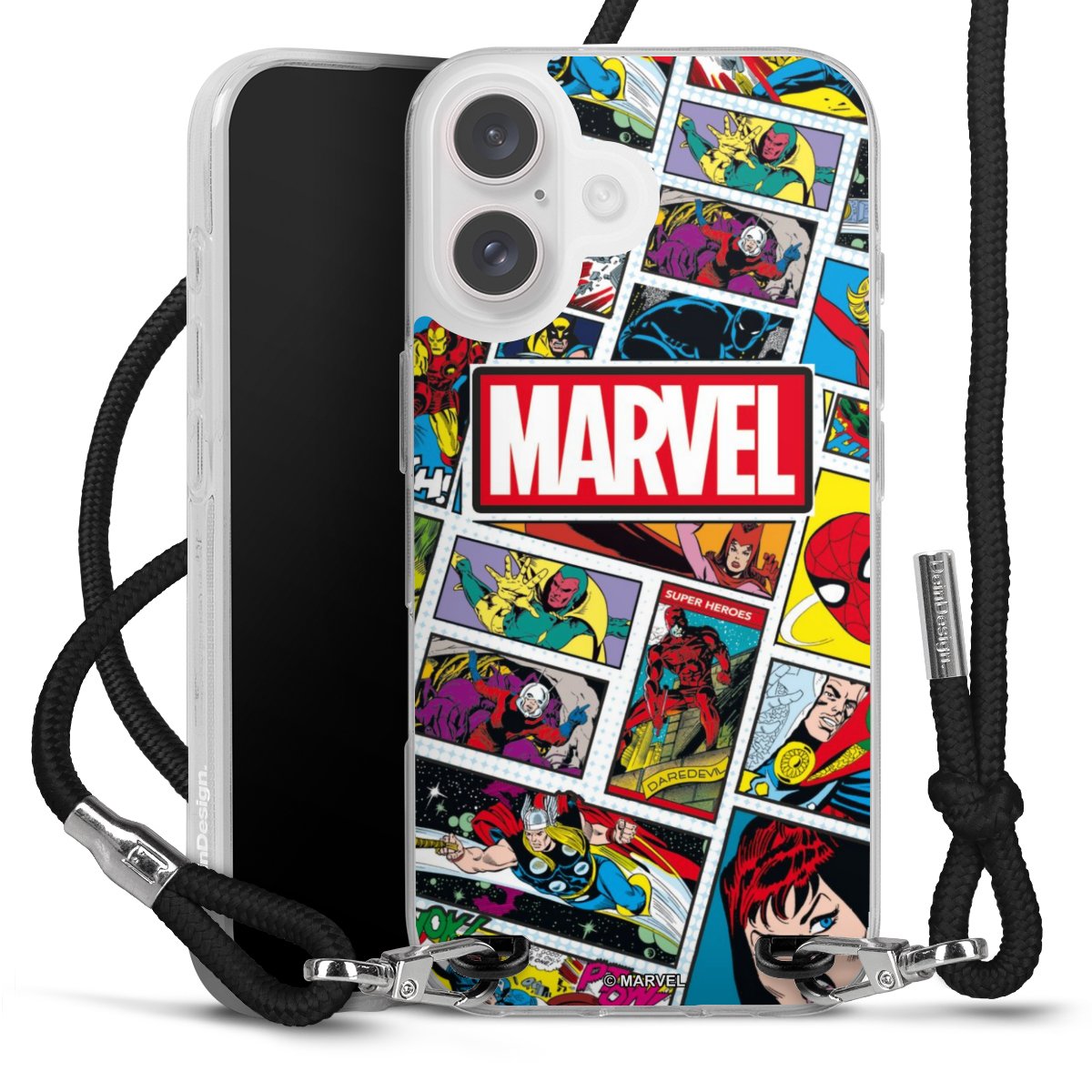 iPhone 16 Handy Carry Case Hülle mit Band Handykette zum Umhängen schwarz Marvel Comic Muster Carry Case