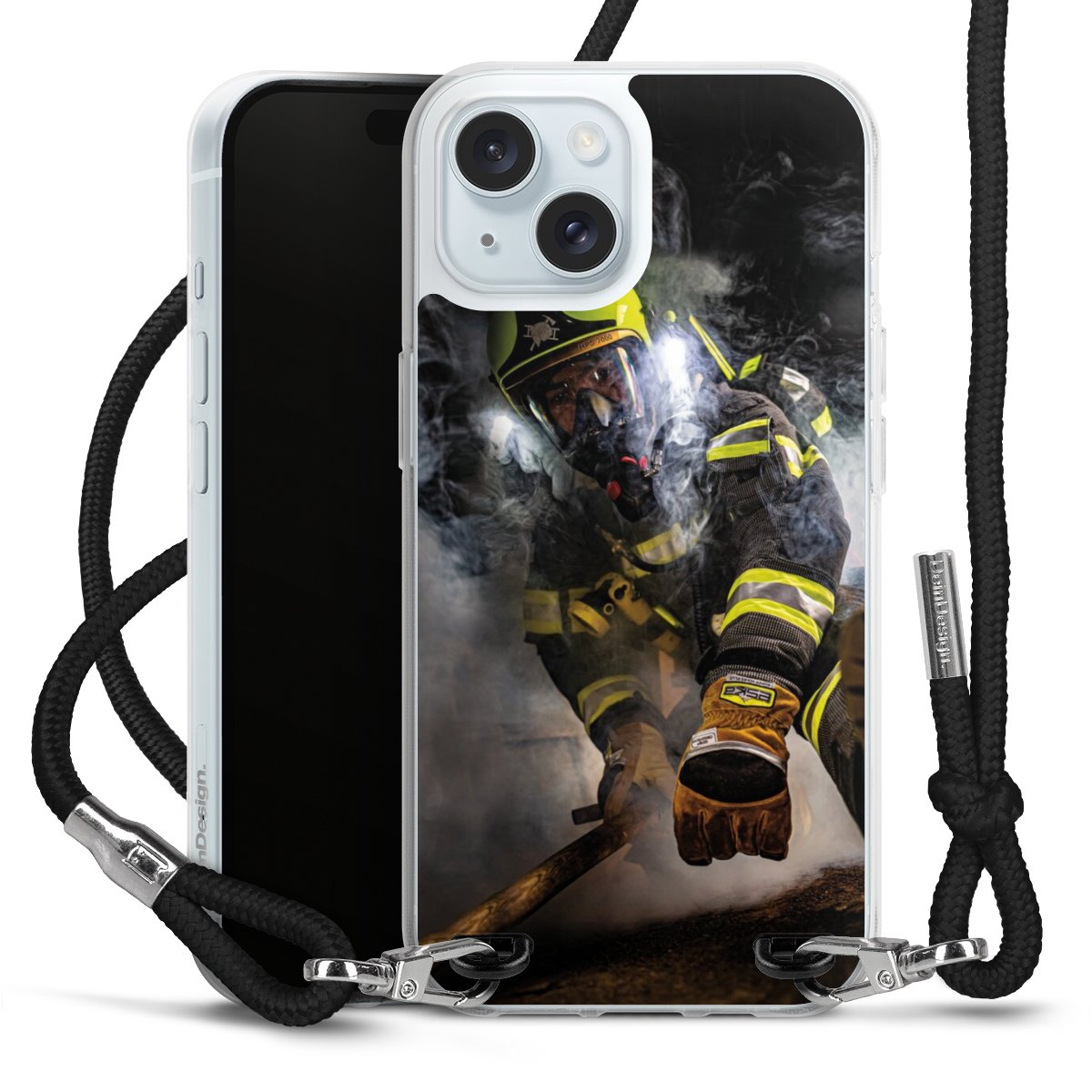 iPhone 15 Handy Carry Case Hülle mit Band Handykette zum Umhängen schwarz Fire Fighter Fire Fire Fighters Carry Case