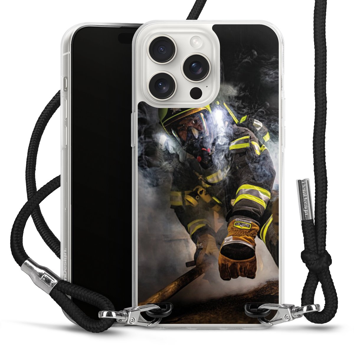 iPhone 15 Pro Max Handy Carry Case Hülle mit Band Handykette zum Umhängen schwarz Fire Fighter Fire Fire Fighters Carry Case