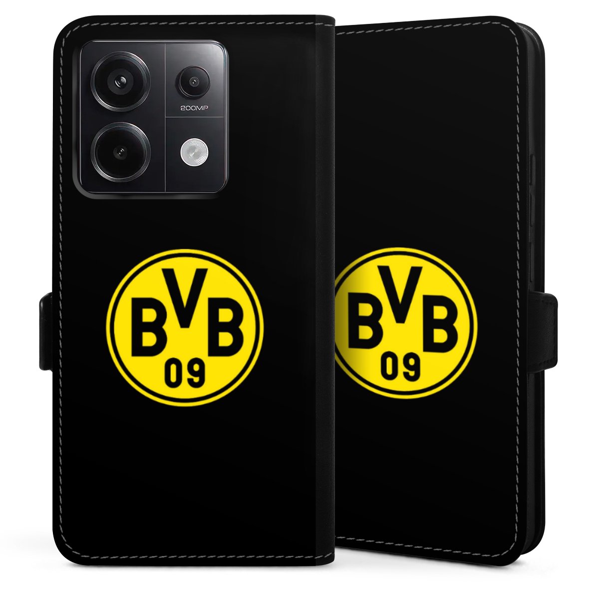 Xiaomi Redmi Note 13 Pro 5G Handy Klapphülle Handyhülle aus Kunst Leder schwarz Flip Case Bvb Borussia Dortmund Logo Sideflip mit Lasche