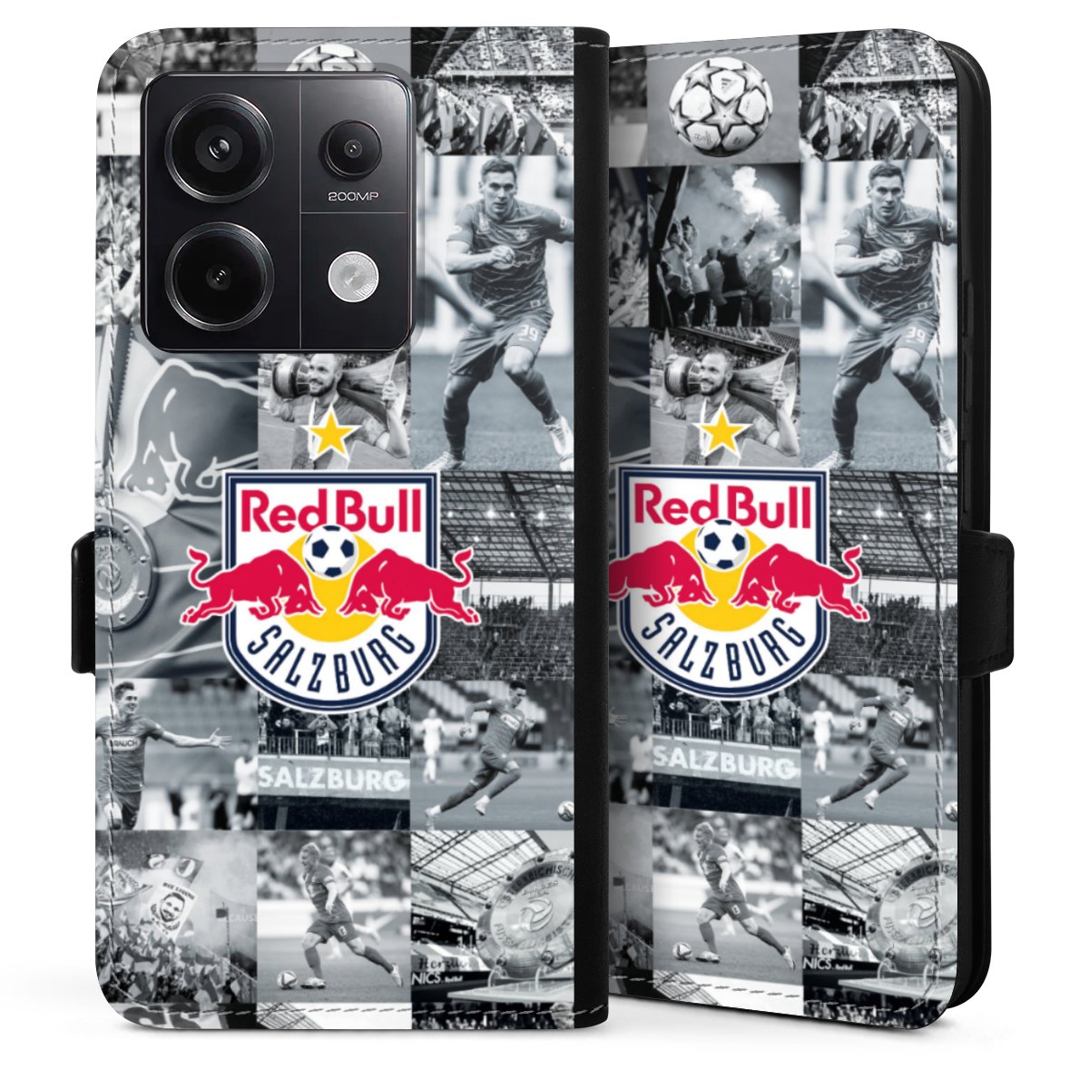 Xiaomi Redmi Note 13 Pro 5G Handy Klapphülle Handyhülle aus Kunst Leder schwarz Flip Case Fc Red Bull Salzburg Salzburg Red Bull Sideflip mit Lasche