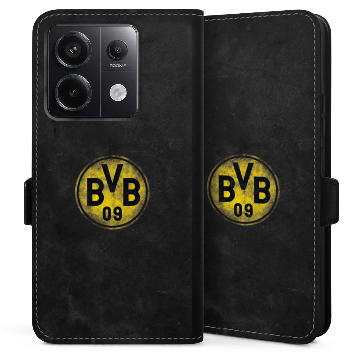 Xiaomi Redmi Note 13 Pro 5G Handy Klapphülle Handyhülle aus Kunst Leder schwarz Flip Case Borussia Dortmund Bvb Merchandise Sideflip mit Lasche