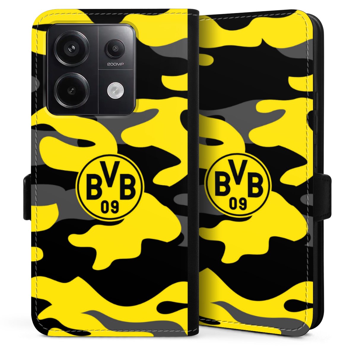 Xiaomi Redmi Note 13 Pro 5G Handy Klapphülle Handyhülle aus Kunst Leder schwarz Flip Case Merchandise Borussia Dortmund Bvb Sideflip mit Lasche