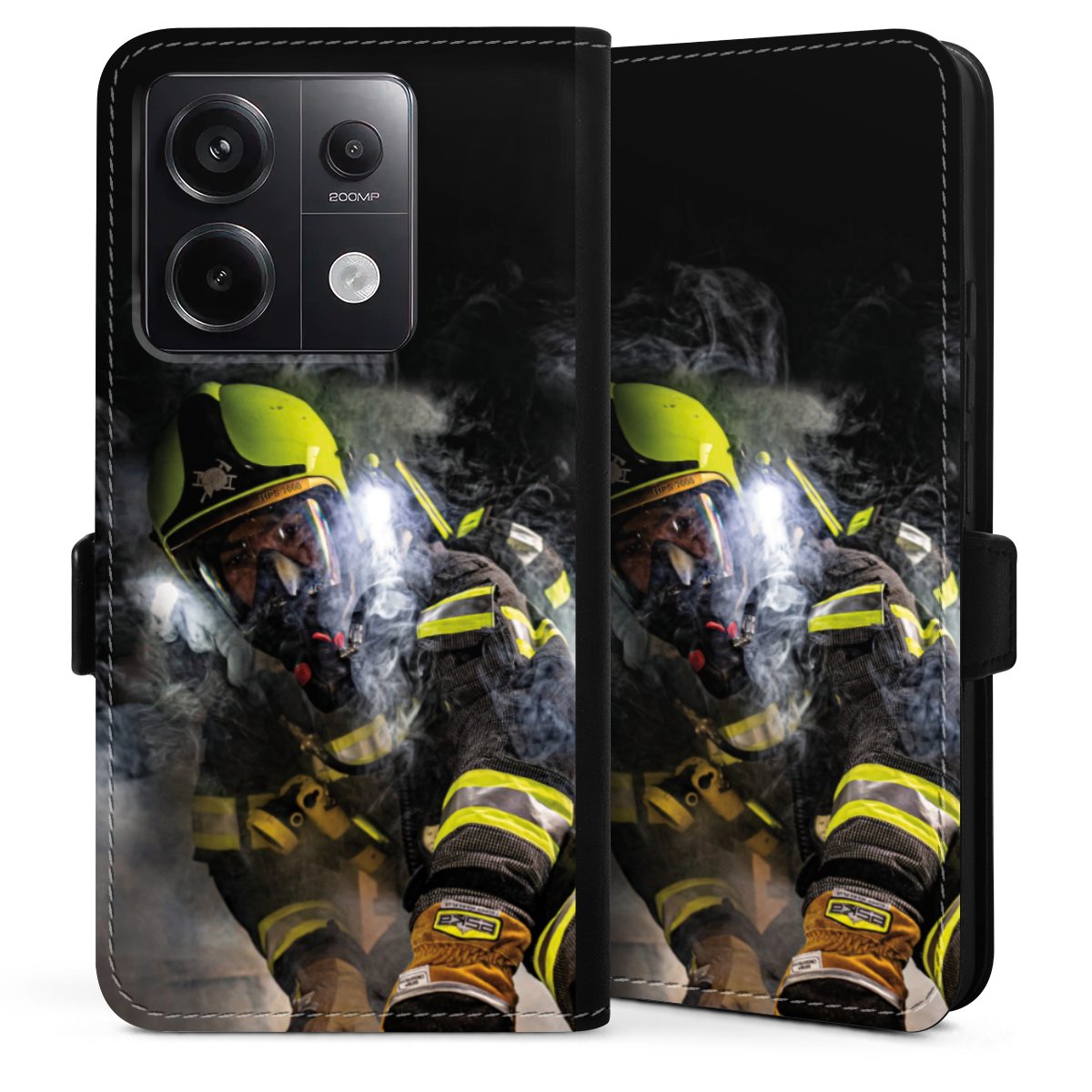 Xiaomi Redmi Note 13 Pro 5G Handy Klapphülle Handyhülle aus Kunst Leder schwarz Flip Case Fire Fire Fighter Fire Fighters Sideflip mit Lasche