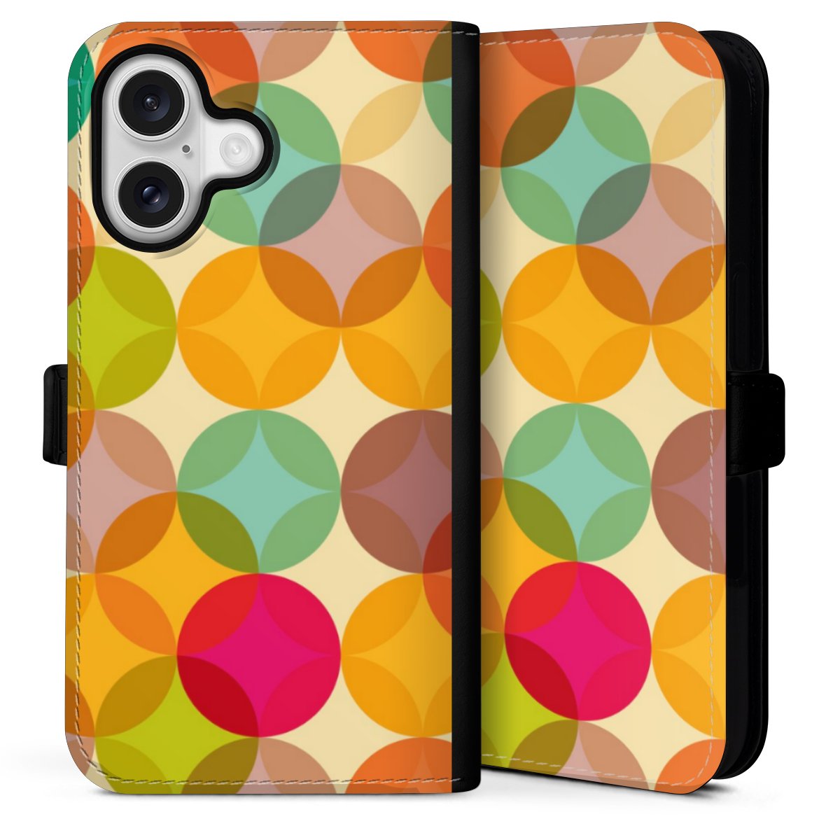 iPhone 16 Handy Klapphülle Handyhülle aus Kunst Leder schwarz Flip Case Circle Art Kunst Sideflip mit Lasche