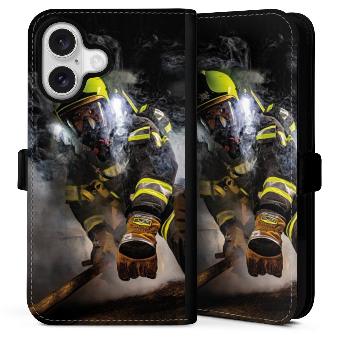 iPhone 16 Handy Klapphülle Handyhülle aus Kunst Leder schwarz Flip Case Fire Fire Fighter Fire Fighters Sideflip mit Lasche