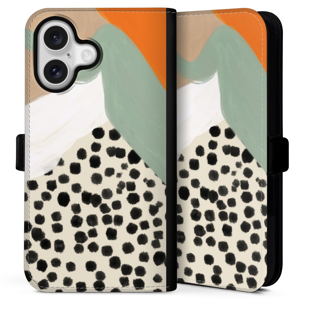 iPhone 16 Handy Klapphülle Handyhülle aus Kunst Leder schwarz Flip Case Kunst Boho Abstract Sideflip mit Lasche