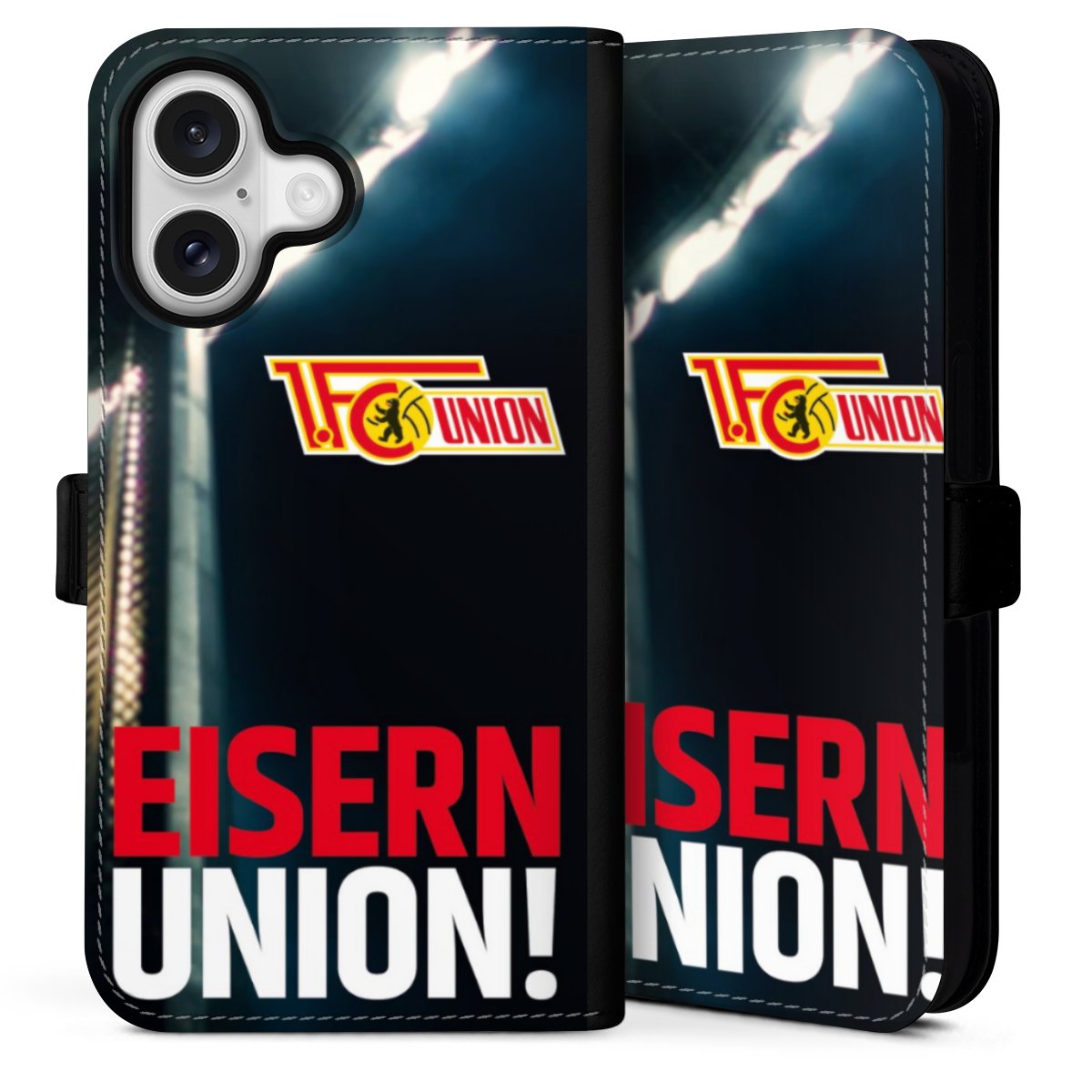 iPhone 16 Handy Klapphülle Handyhülle aus Kunst Leder schwarz Flip Case 1. Fc Union Berlin Merchandise Soccer Sideflip mit Lasche