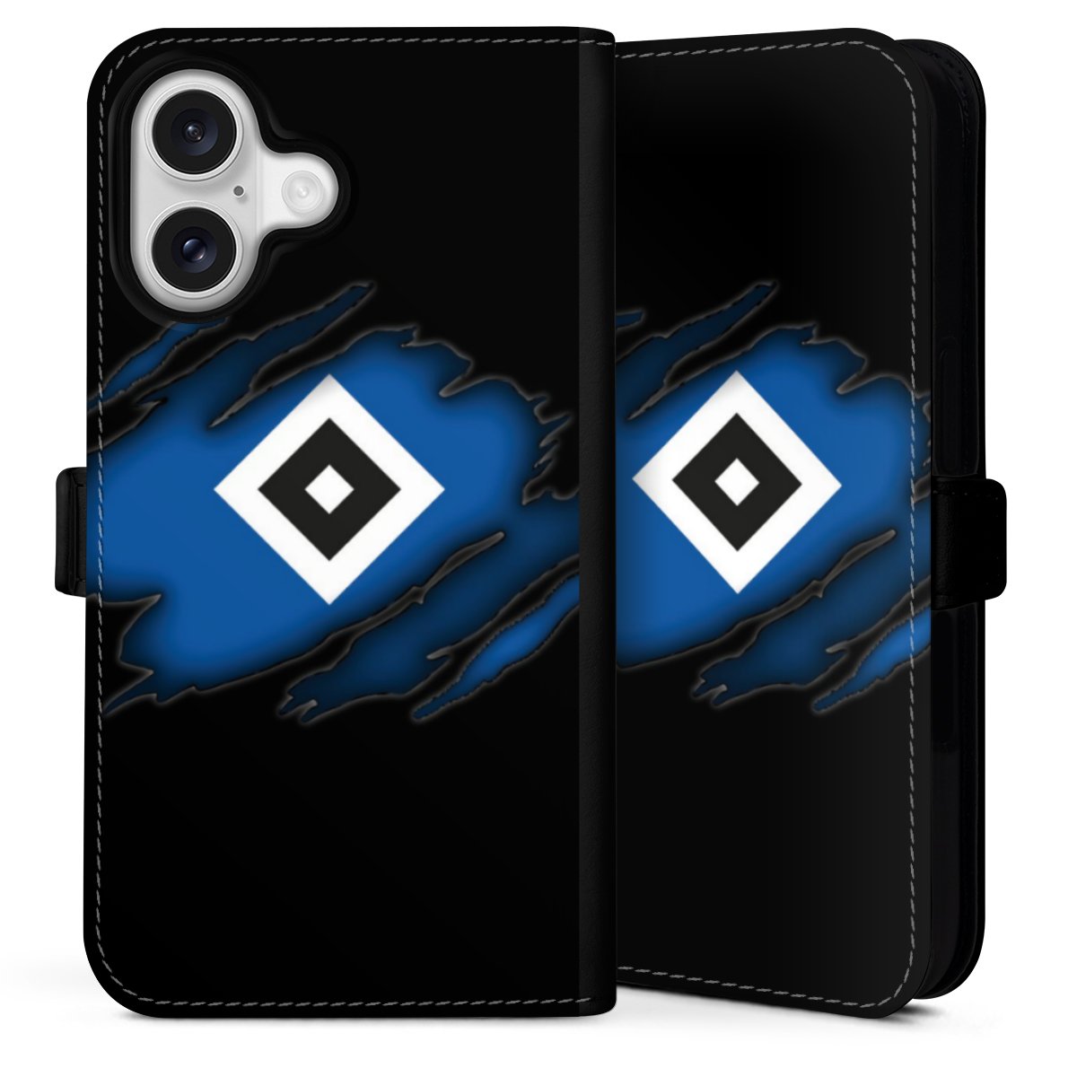 iPhone 16 Handy Klapphülle Handyhülle aus Kunst Leder schwarz Flip Case Hsv Official Licensed Product Hamburger Sv Sideflip mit Lasche