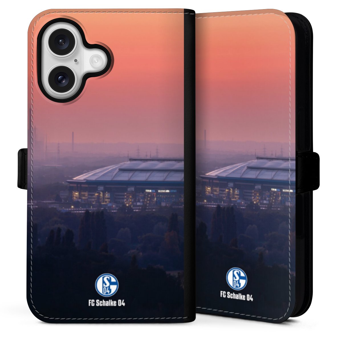 iPhone 16 Handy Klapphülle Handyhülle aus Kunst Leder schwarz Flip Case Fc Schalke 04 Stadium Schalke 04 Sideflip mit Lasche