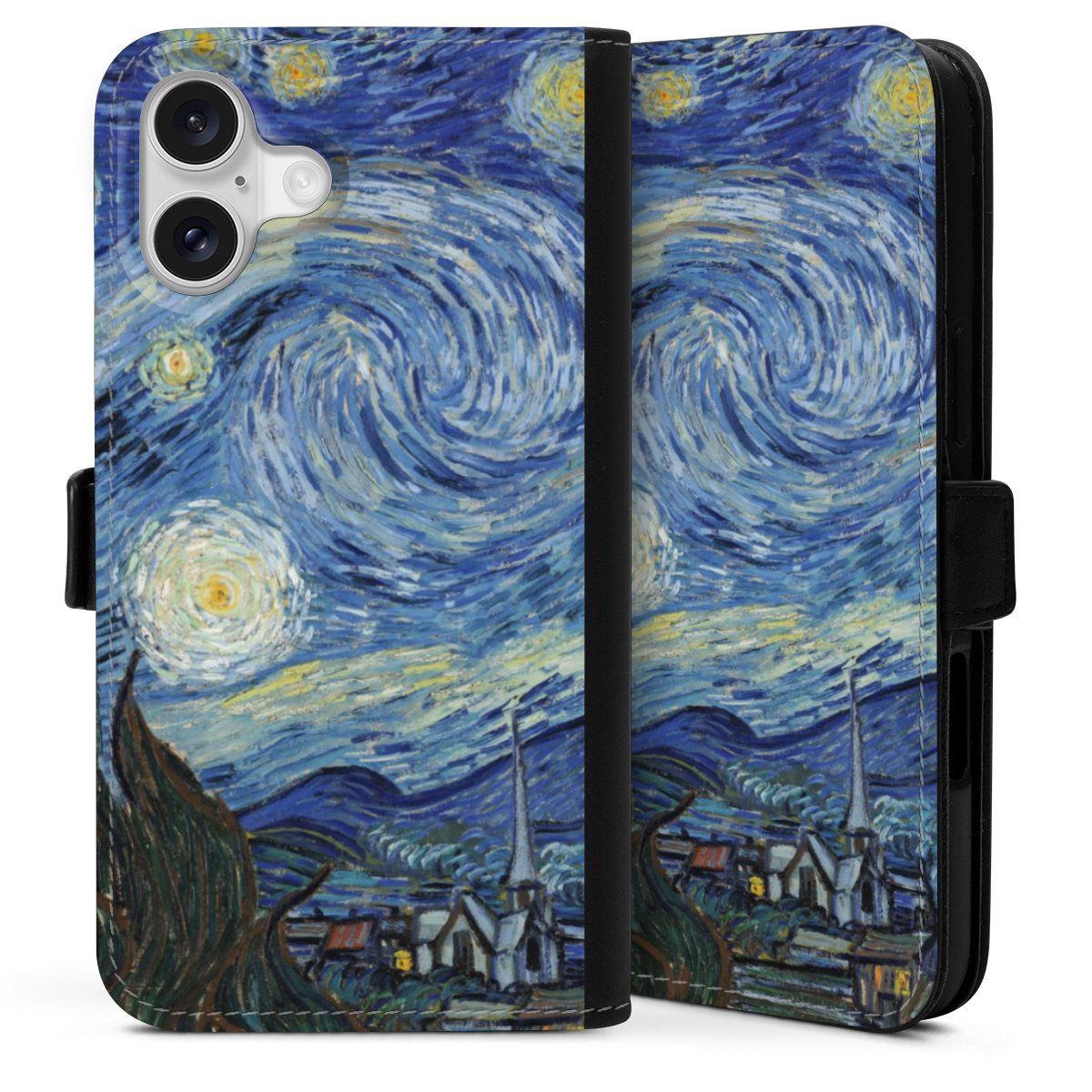 iPhone 16 Plus Handy Klapphülle Handyhülle aus Kunst Leder schwarz Flip Case Vincent Van Gogh The Starry Night Kunst Sideflip mit Lasche